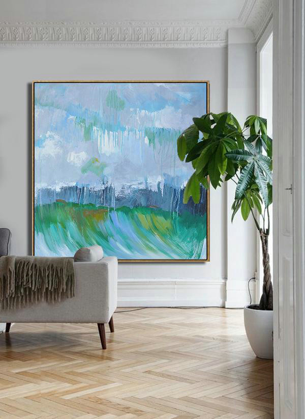 Large Abstract Art Handmade Painting,Oversized Abstract Landscape Oil Painting,Hand Painted Acrylic Painting,Gray,Green,Dark Blue.etc